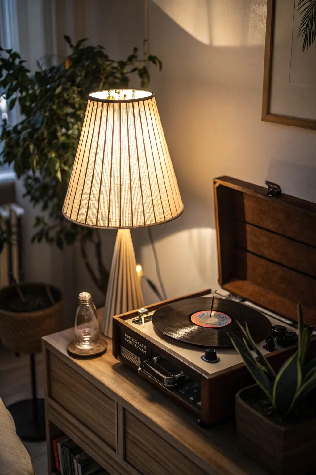 An upright lamp adding soft light to a record player space.