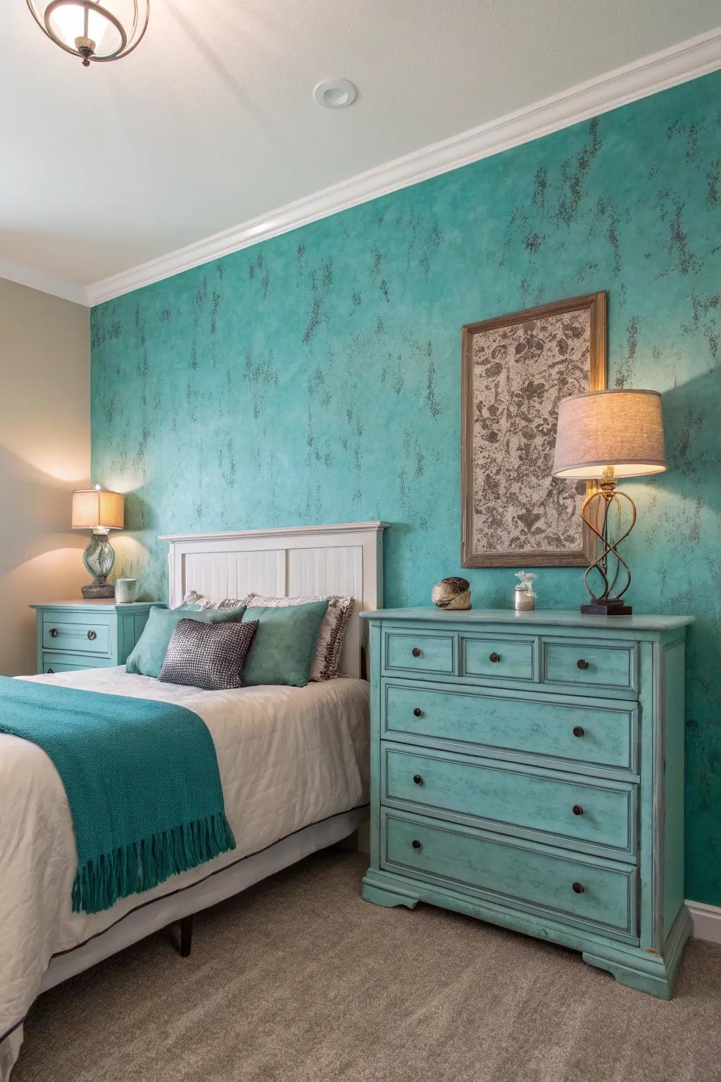 Teal chalk finish adds texture and charm.