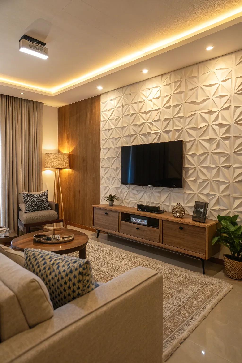 Textured panels add depth and interest to this TV feature wall.