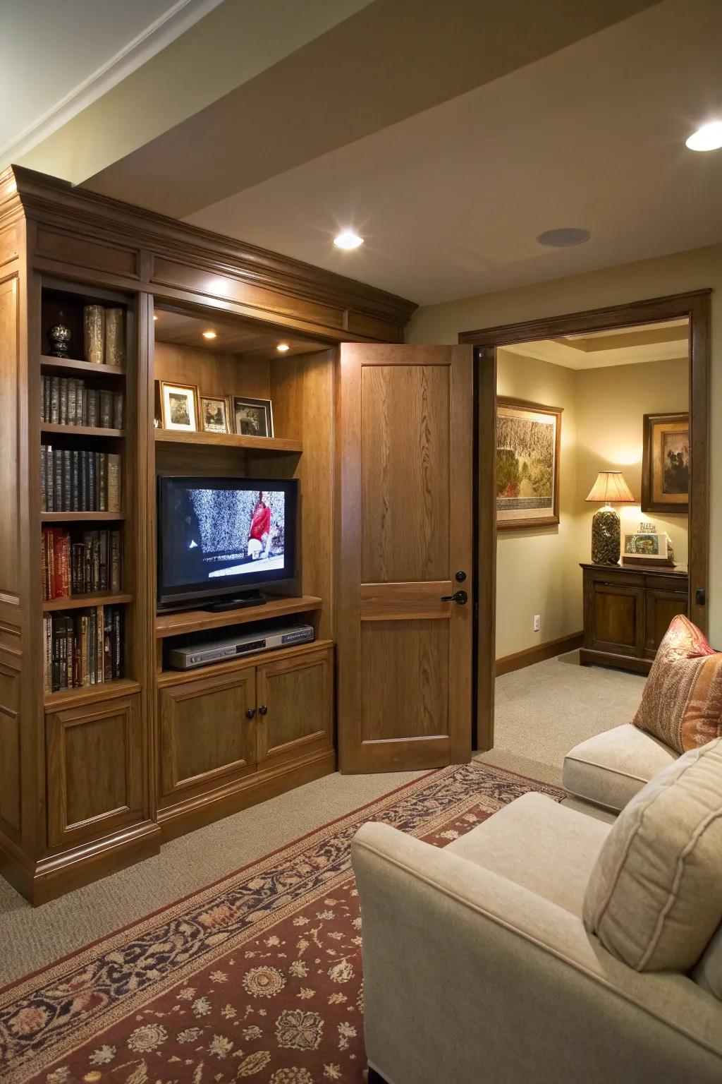 An adaptable nook offering a cozy retreat with TV integration.