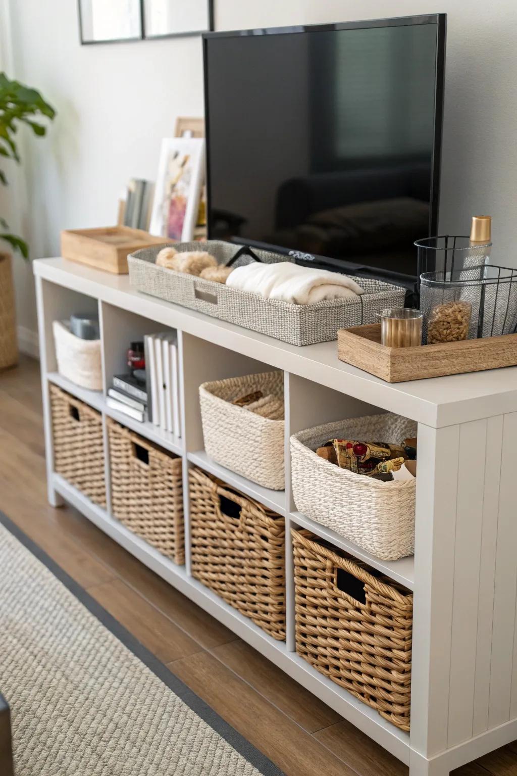 Storage baskets stylishly managing clutter.