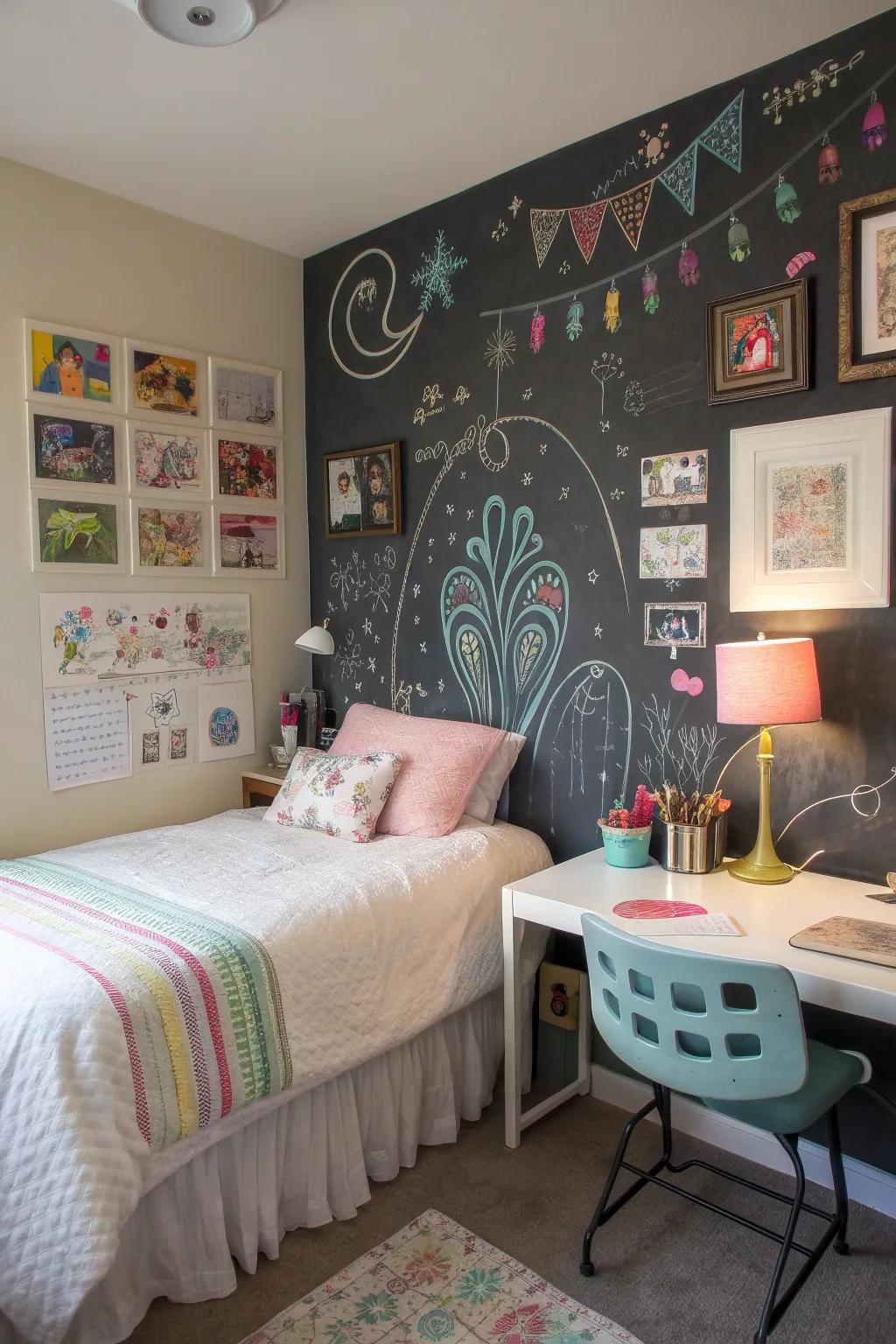 A chalkboard wall is a creative canvas, perfect for doodles and ideas, fostering imagination and self-expression.