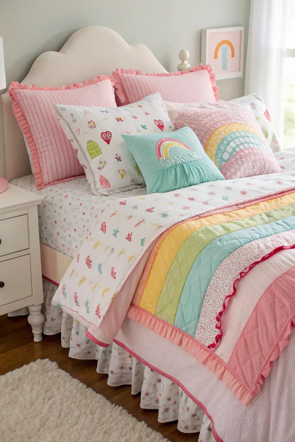 A snug getaway exhibiting layered bedding and multihued cushions.