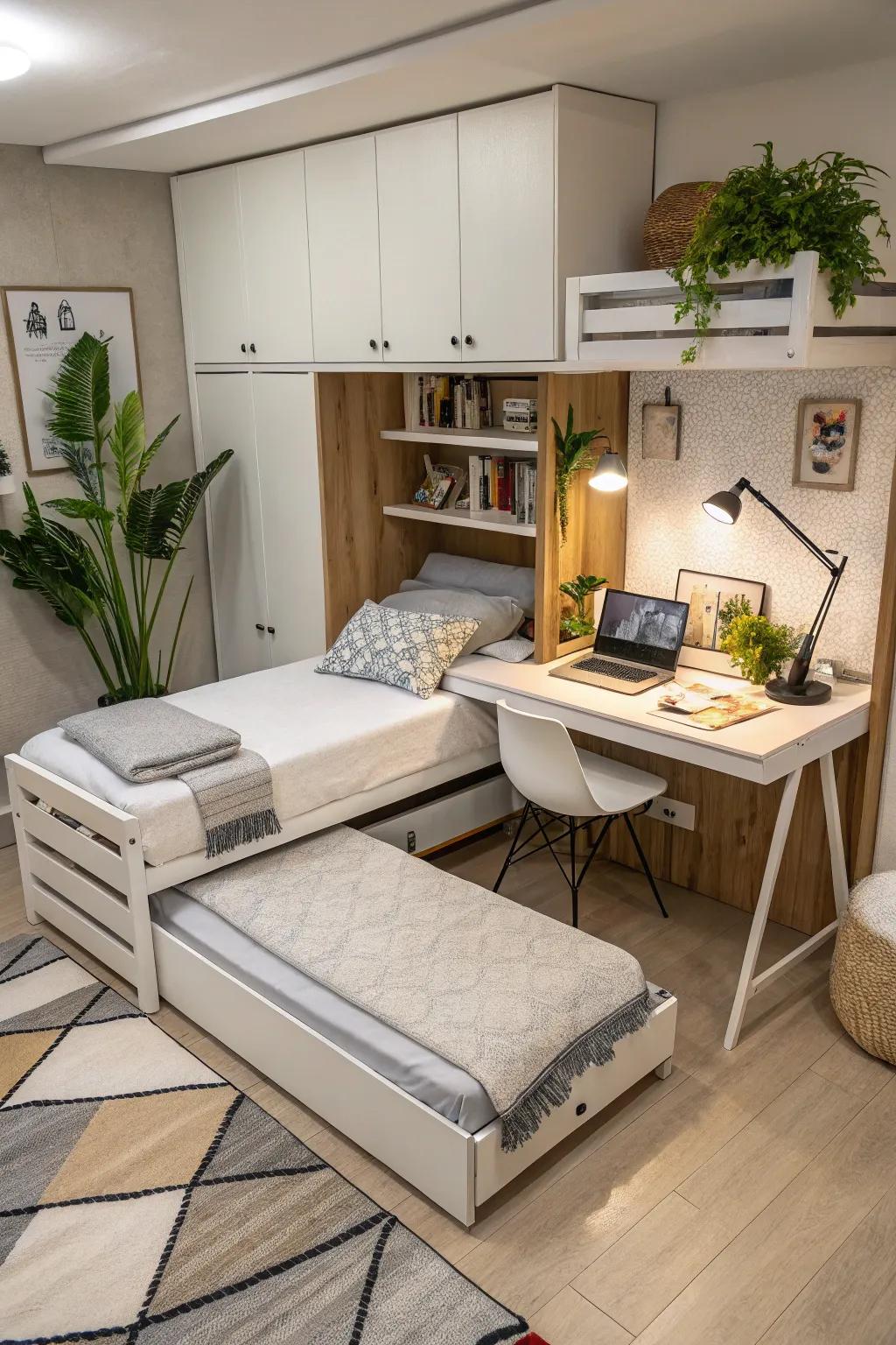 Multi-functional furniture maximizes efficiency in twin bed rooms.