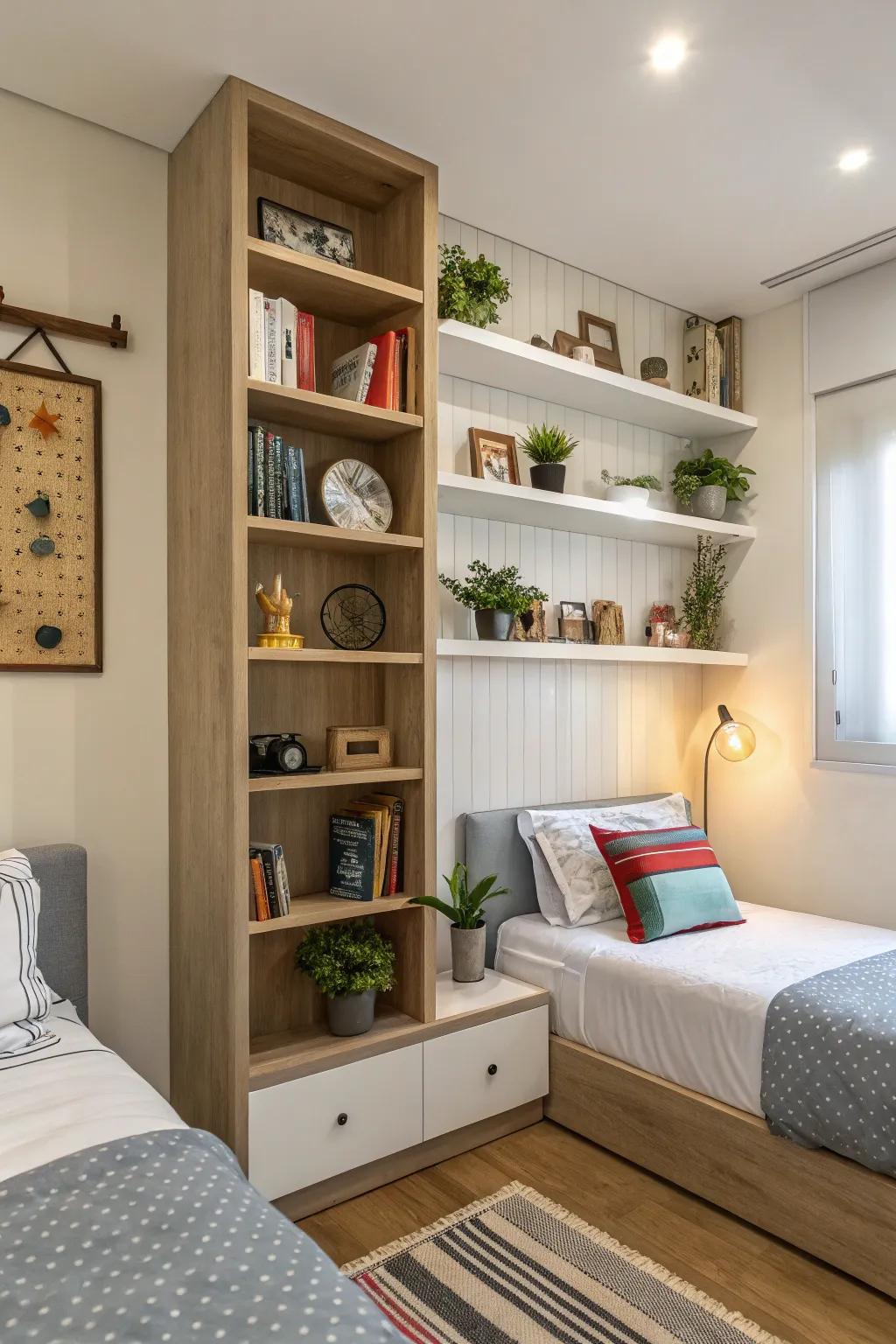 Vertical shelving maximizes storage in the twin room.