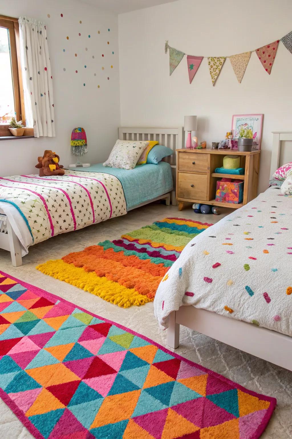 Colorful rugs add warmth and a playful touch to the room.