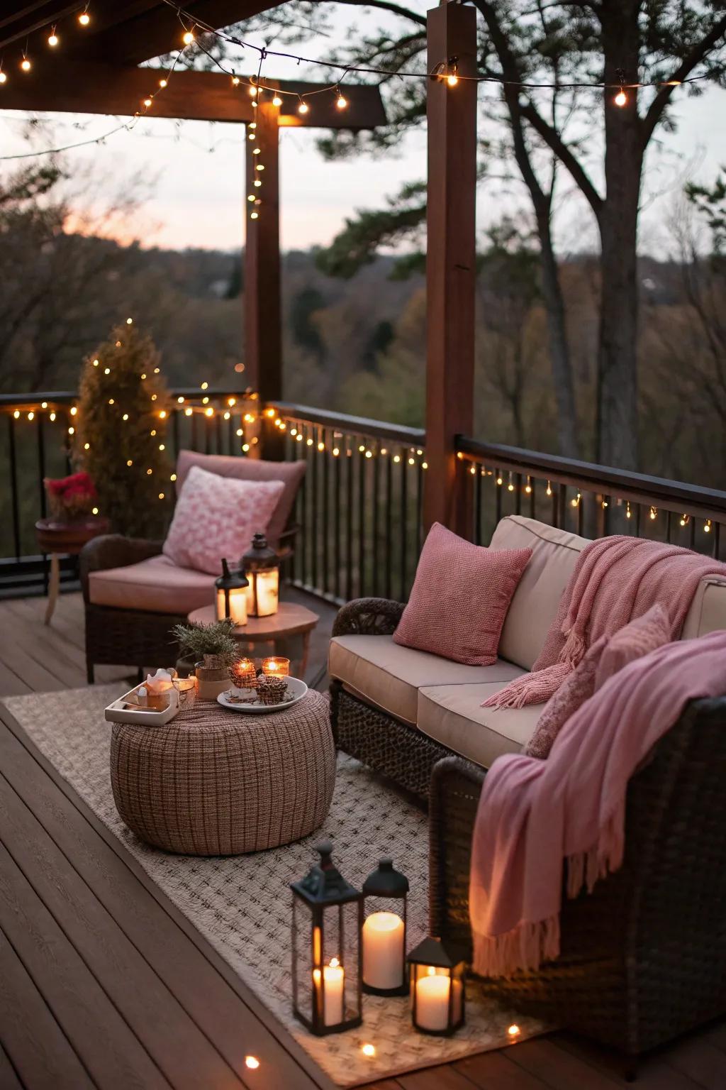 Rose and espresso create a romantic and cozy deck atmosphere.