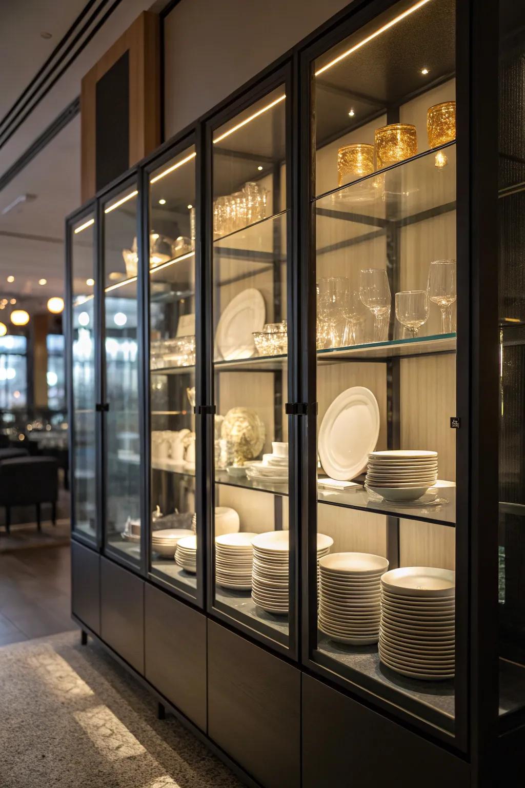 Accent lighting elegantly highlights display cabinets.
