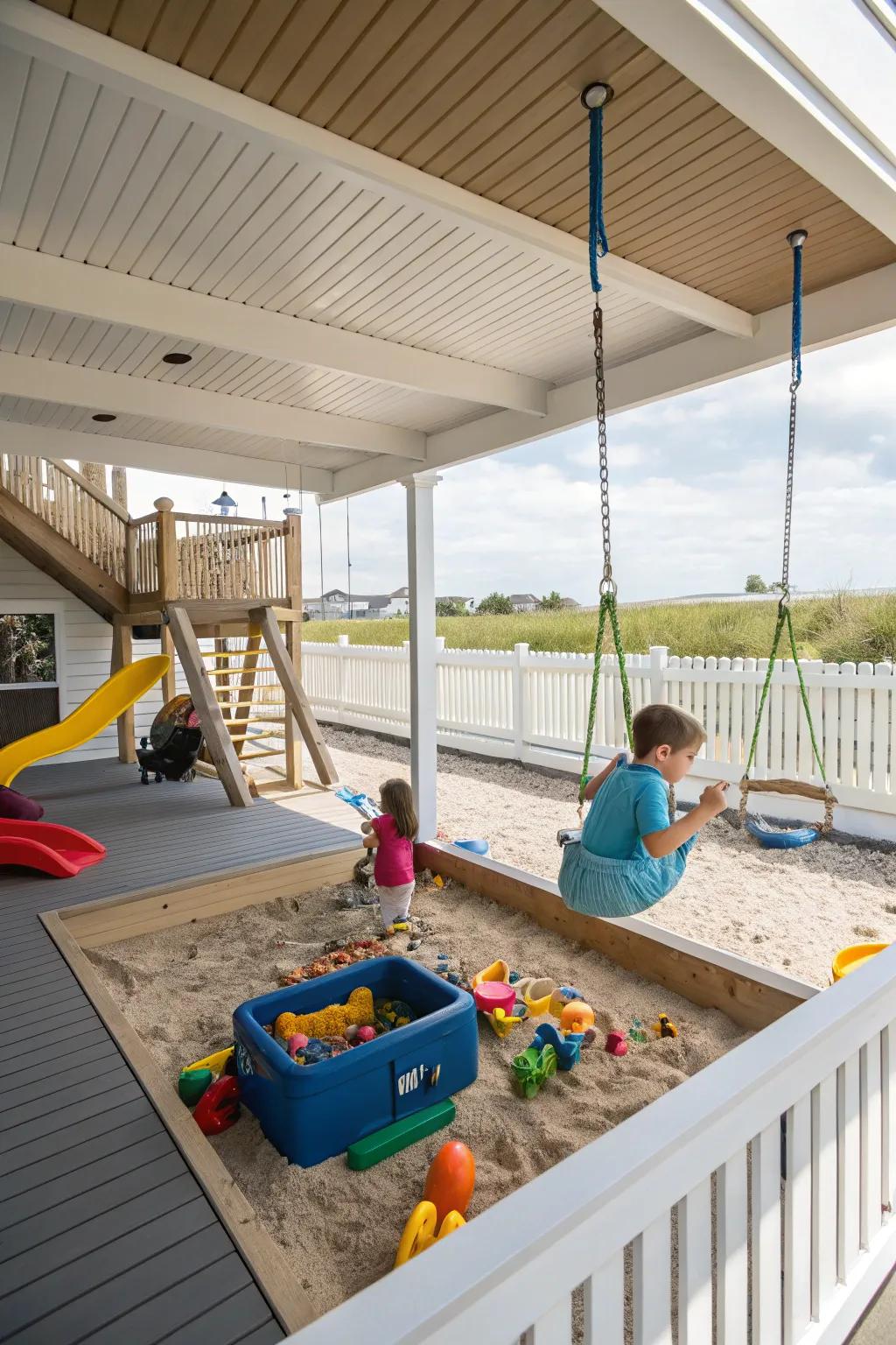 A lively and safe children's area beneath the deck, filled with fun activities.