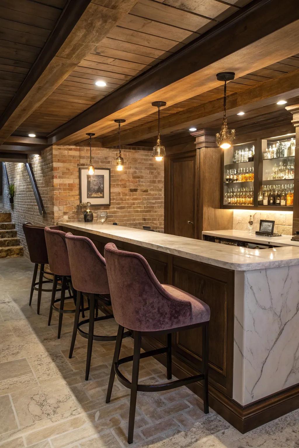 Glamorous accents enhance the design of a basement bar.