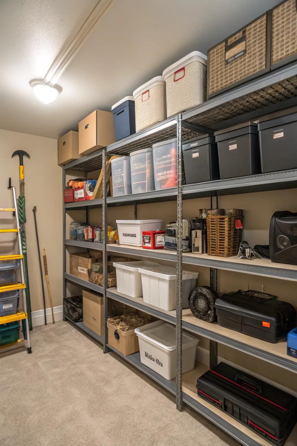 Flexible shelving facilitates versatile storage answers.