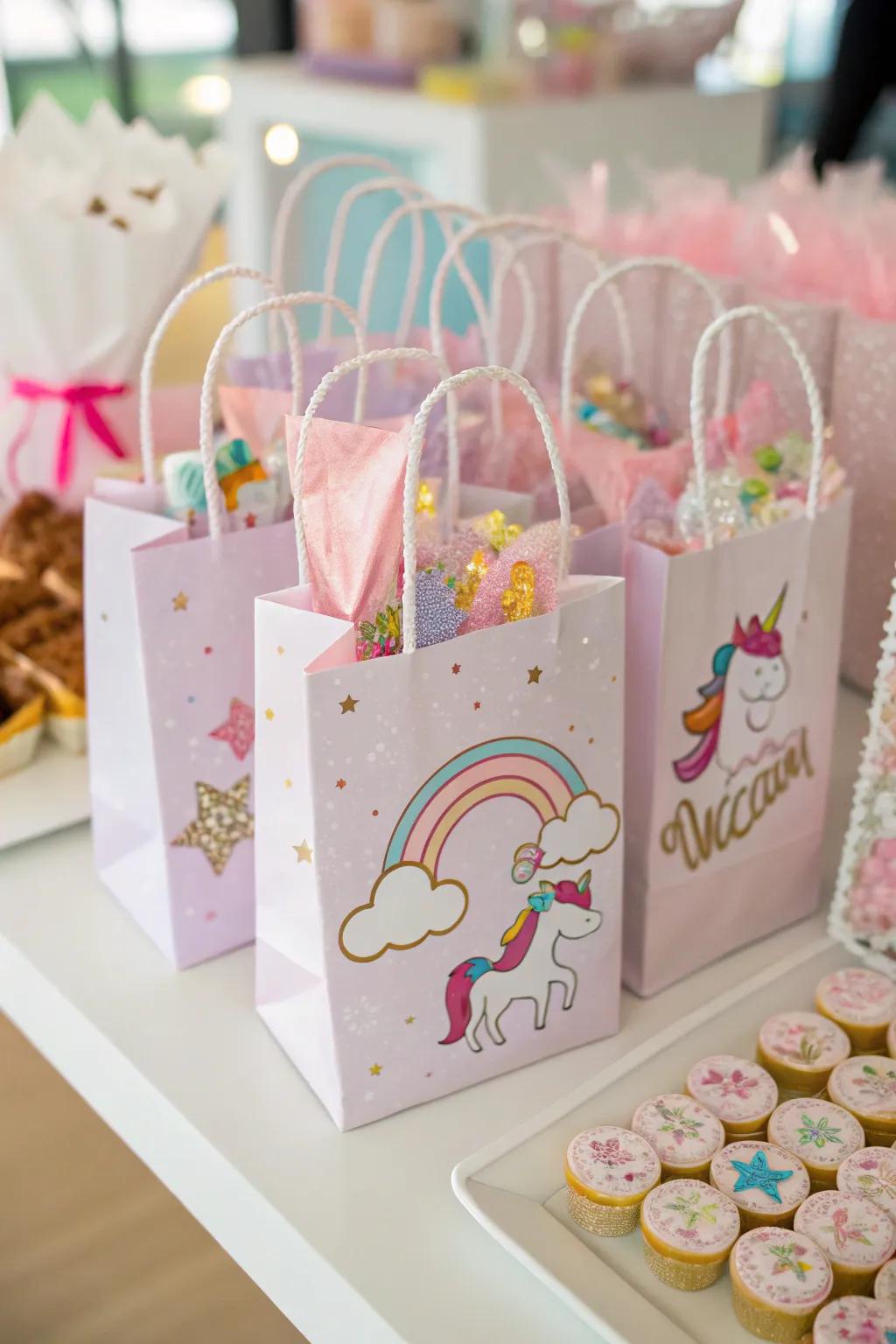 Unicorn celebration treat pouches prepared for guests to take home.