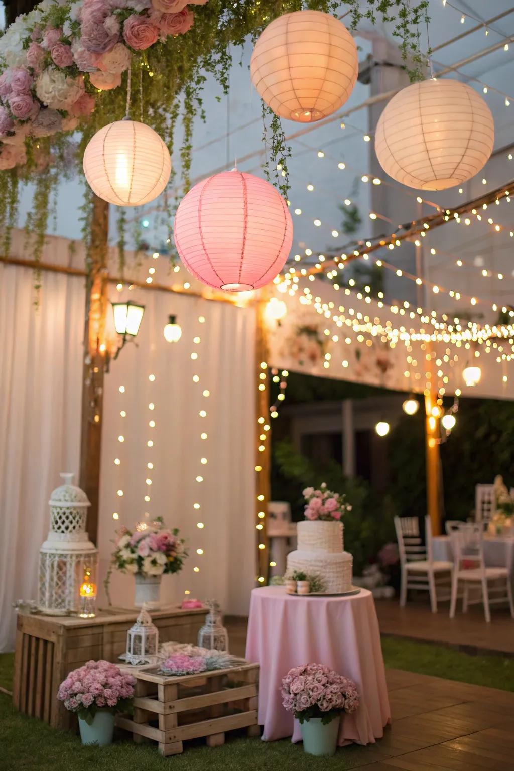 Magical ambiance created by whimsical twinkling lights and lanterns.