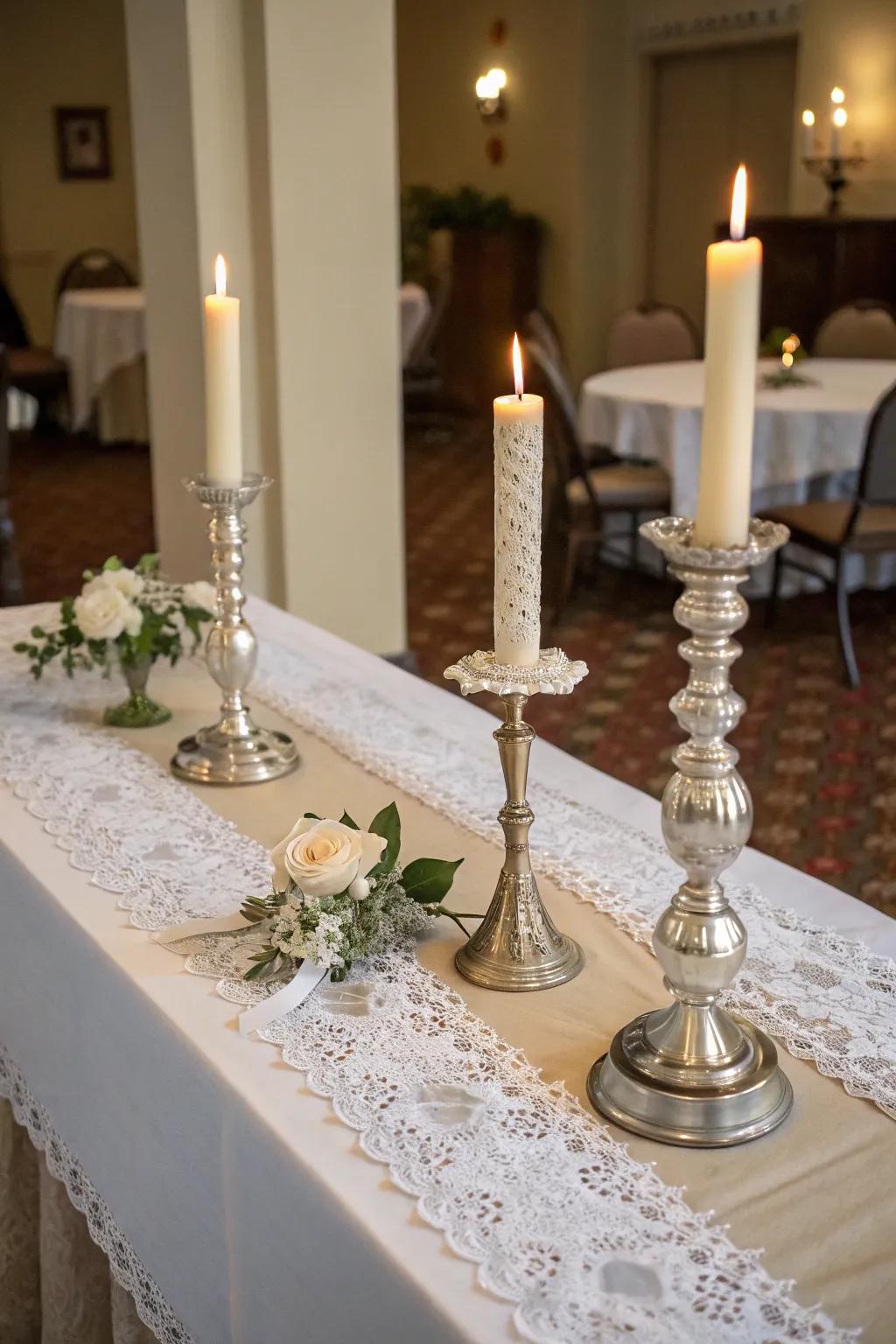 Vintage allure is appended using age-old candlesticks and lace broadcloths.