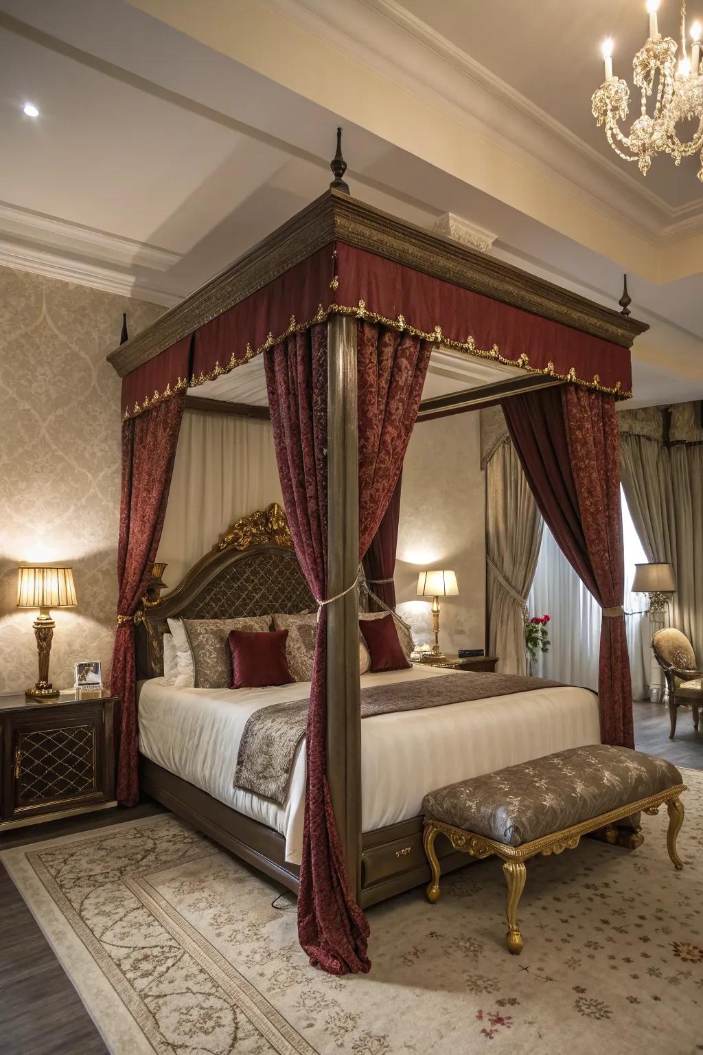 A canopy bed with upholstery adds drama and grace.