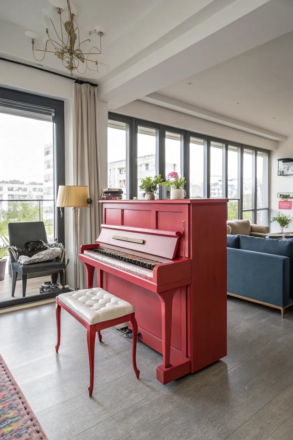 A contemporary living room showcasing a boldly painted upright piano.