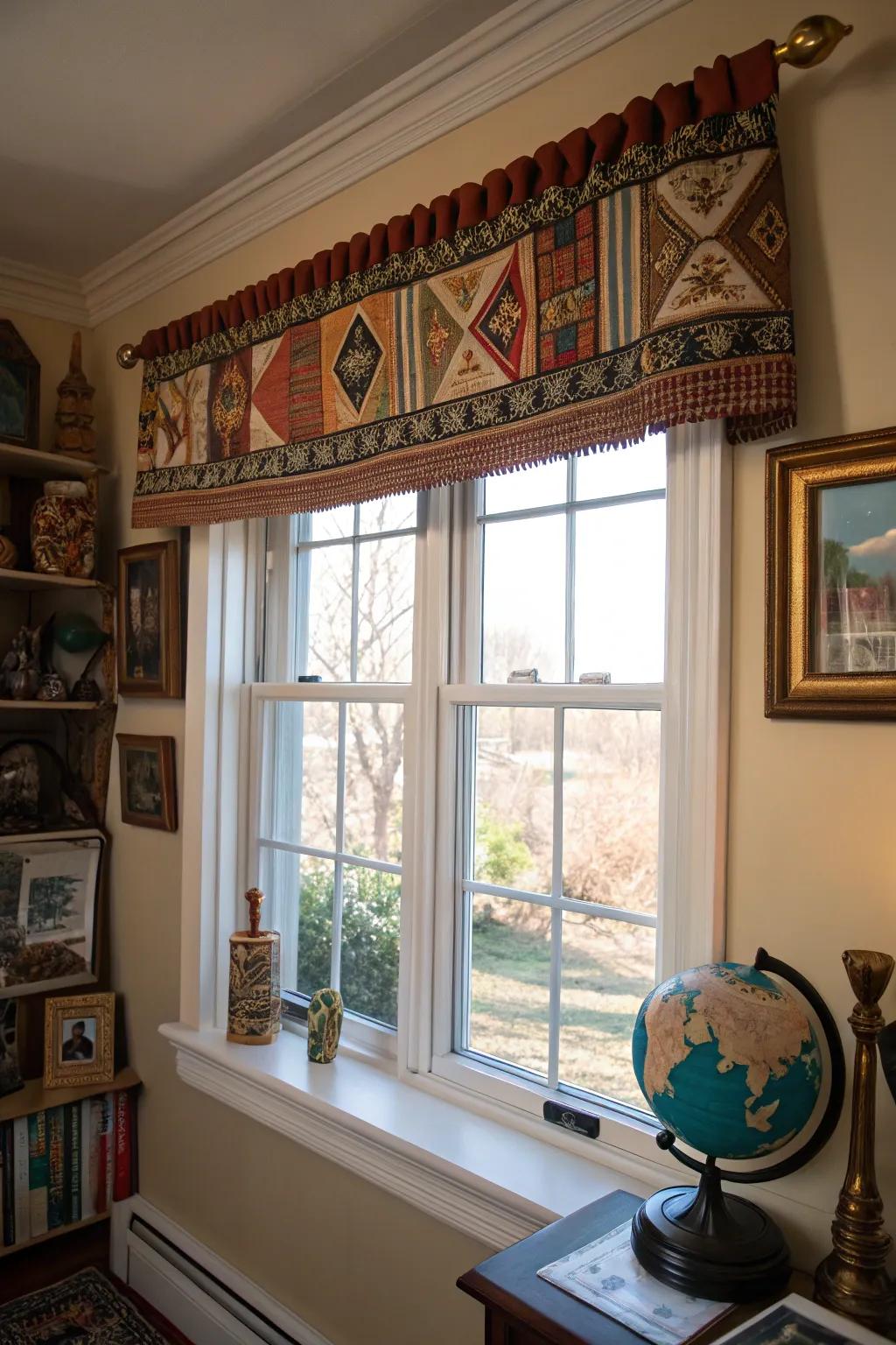 A window showcasing a culturally inspired dressing in a globally themed room.