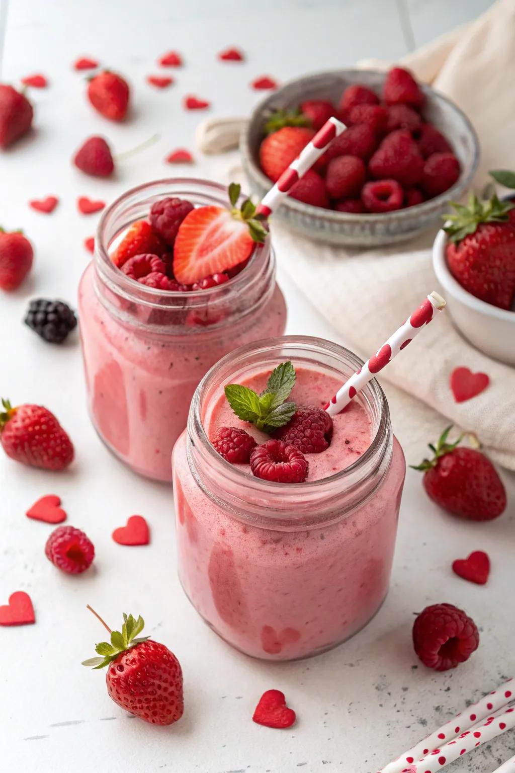 Refreshing Valentine's Day smoothies with vibrant red fruits.