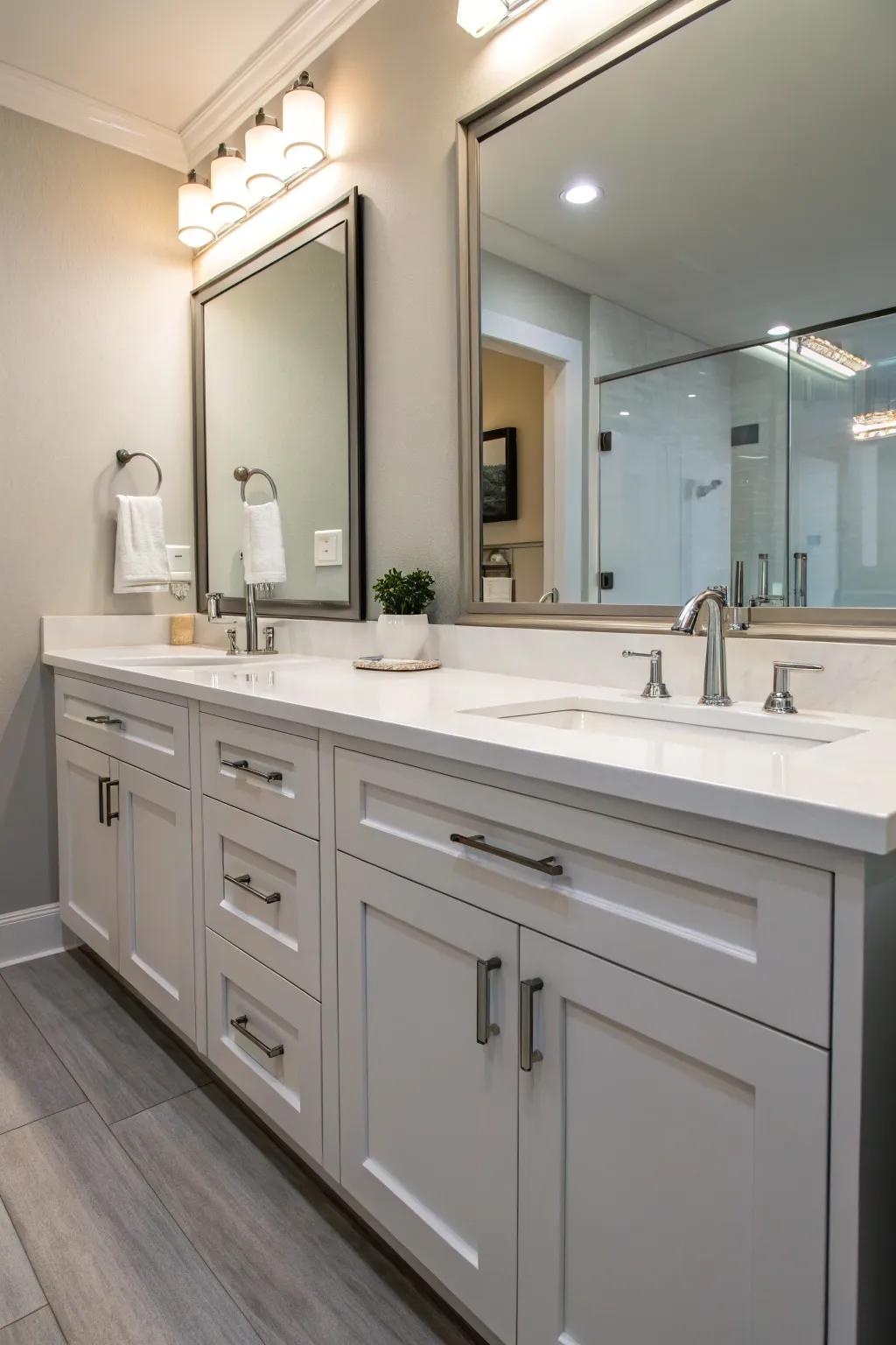 A unified washbasin layout with an extended backsplash.