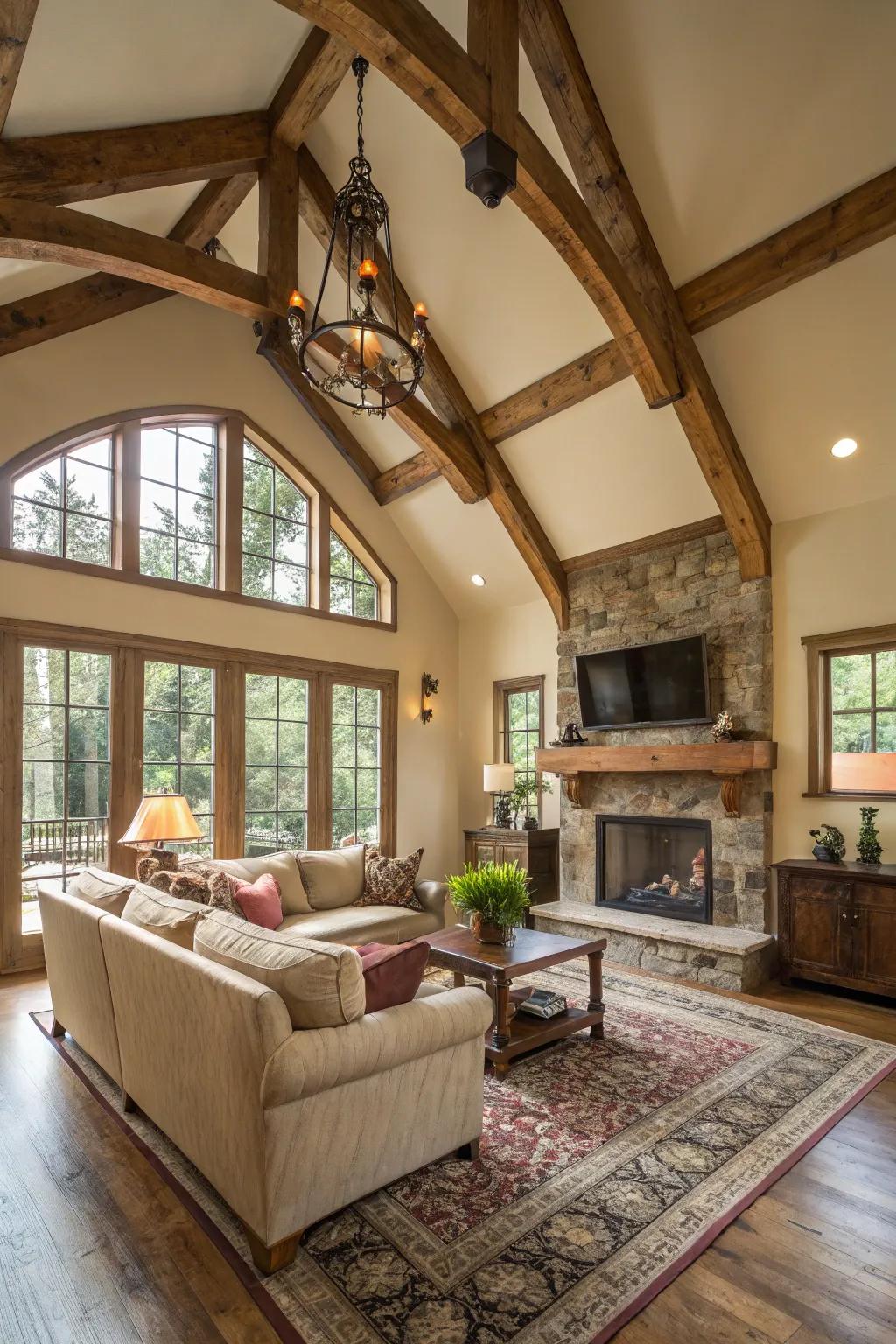 A family room showcasing a vaulted ceiling, complemented by country-style timber supports on the wall's design