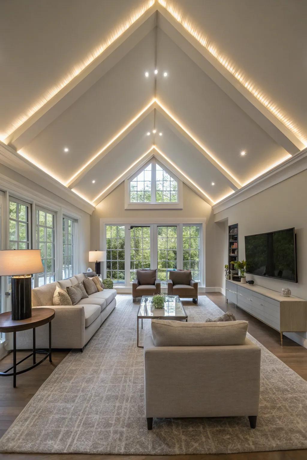 LED strips subtly highlight architectural elements.