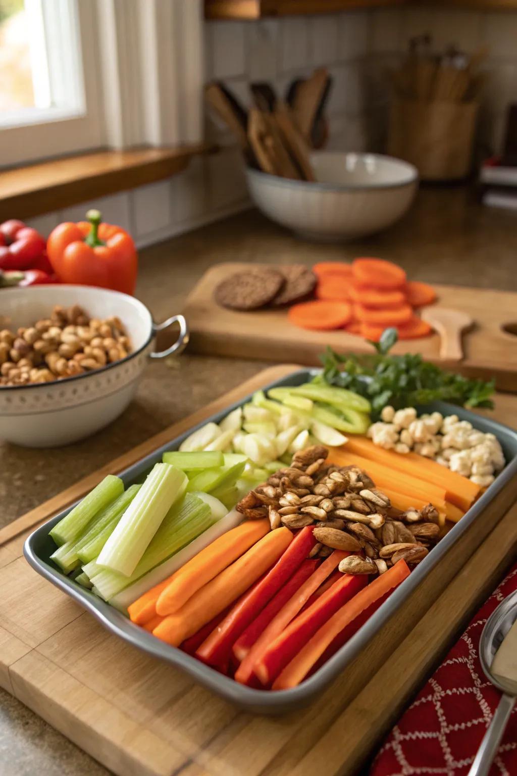 Vegetable tray garnished with flavorful nuts.