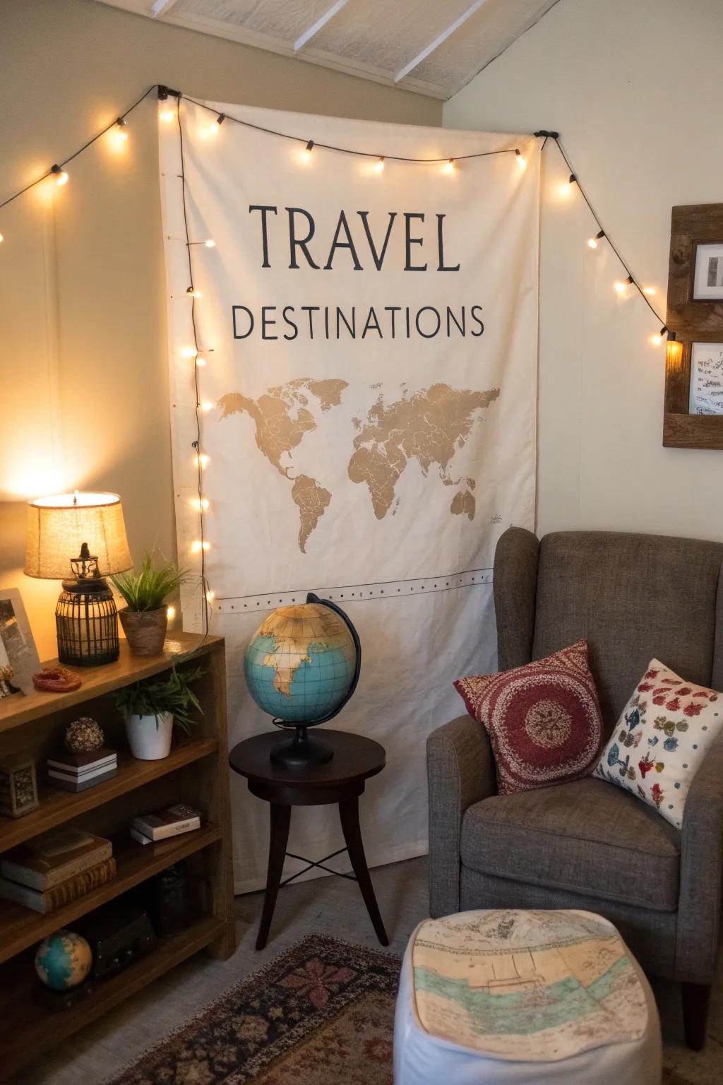 Travel-themed banners highlight cherished locations in a welcoming den.