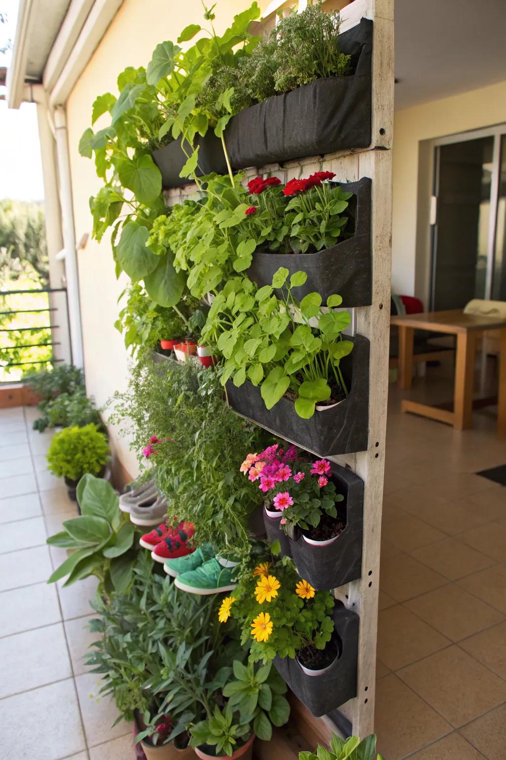 An upcycled vertical garden showcases the inventive reuse of common household items.