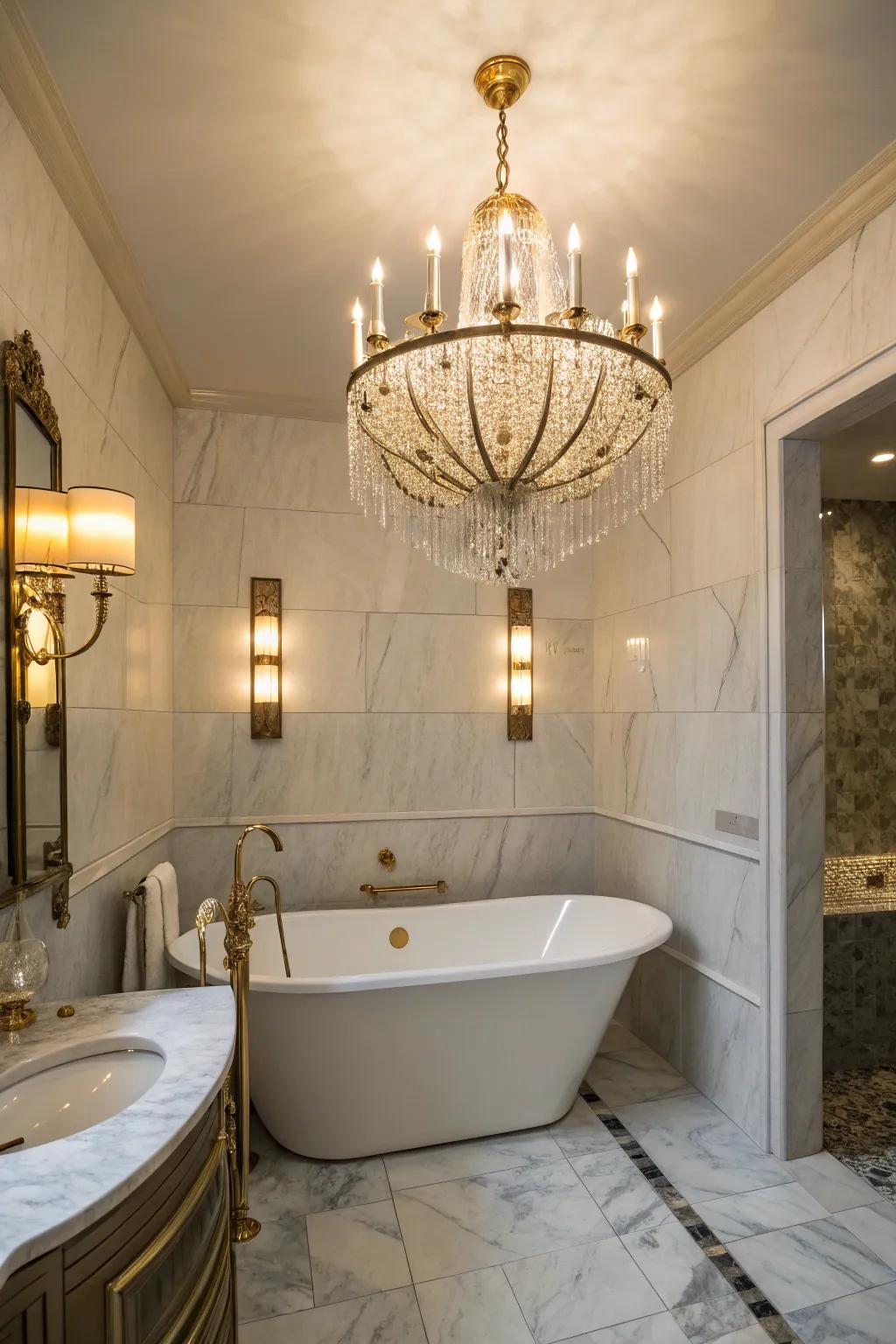 Chandeliers and sconces cast a warm, welcoming glow.