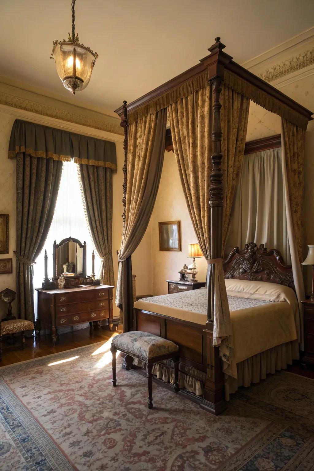 Heavy window treatments add drama and Victorian grandeur to the room.