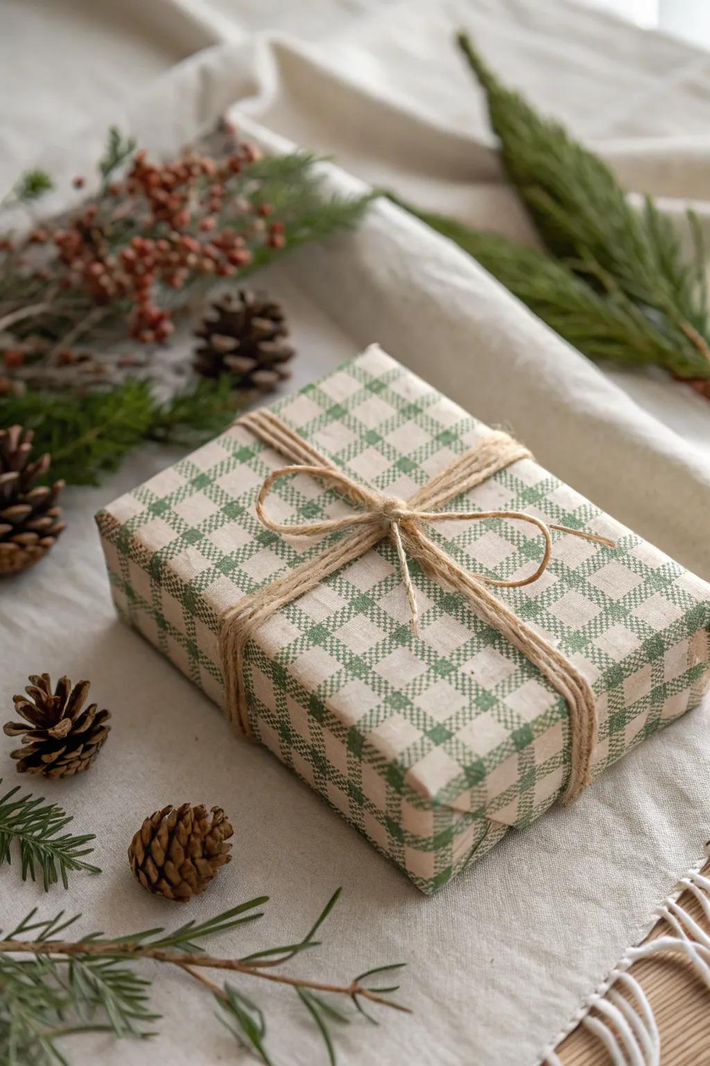 Embrace snug sophistication using vintage check and graph pattern gift wrap.