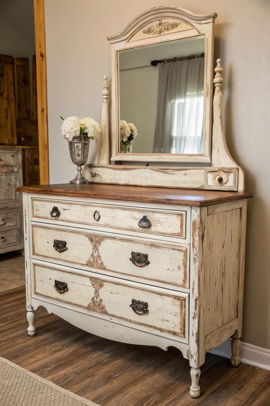 A discarded bureau can be used as a gorgeous vintage vanity.