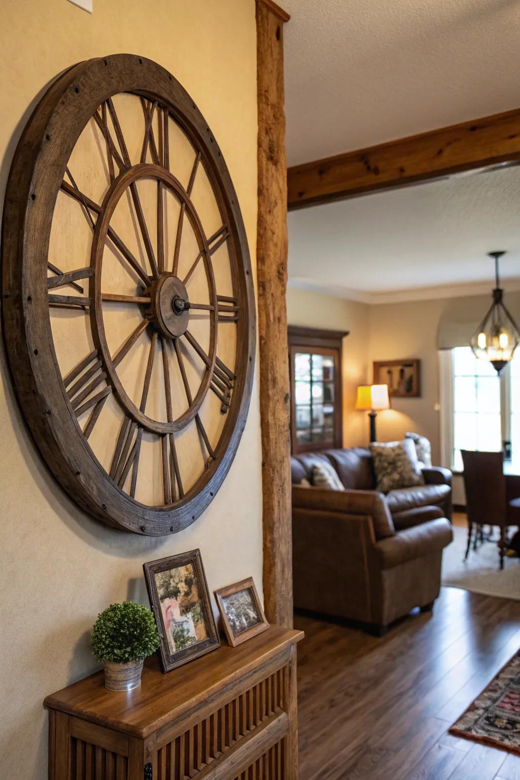 A carriage wheel transformed into a vintage clock, serving as a striking wall feature.
