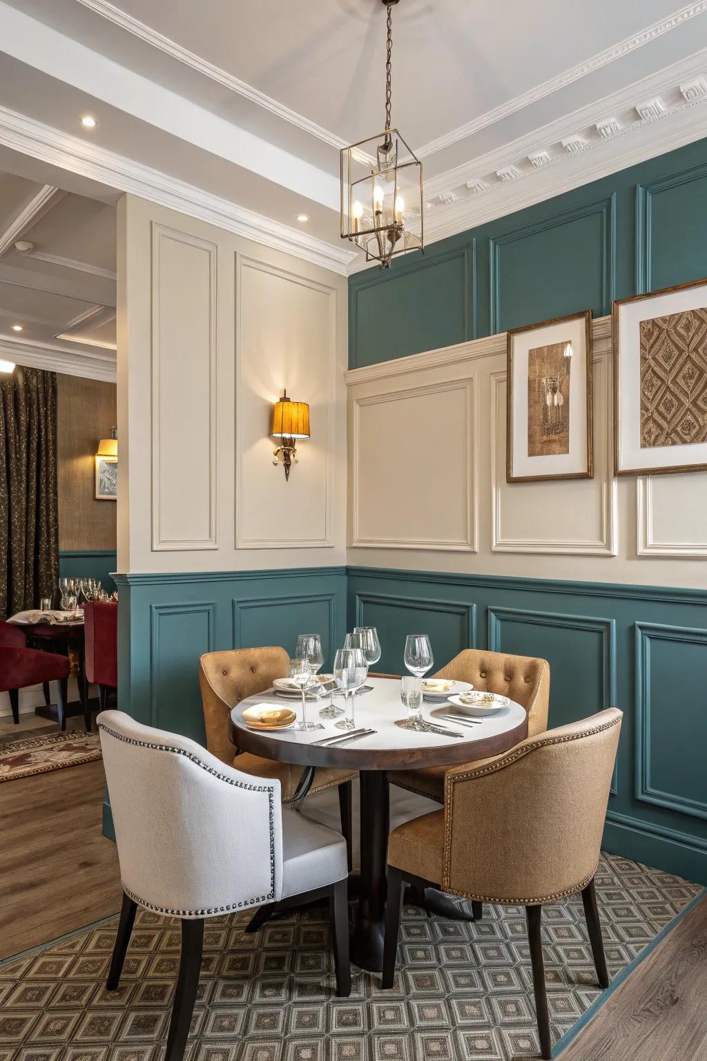 Produce a dramatic impact using dual-tone wainscoting.