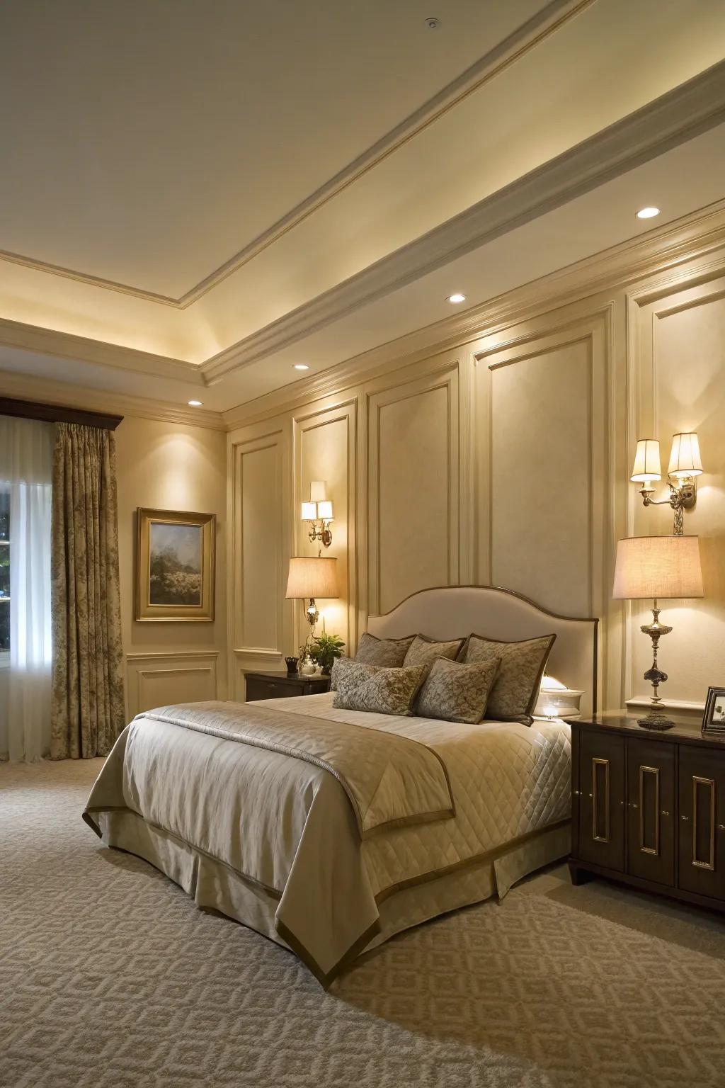 Integrated lighting in paneling incorporates warmth and refinement.