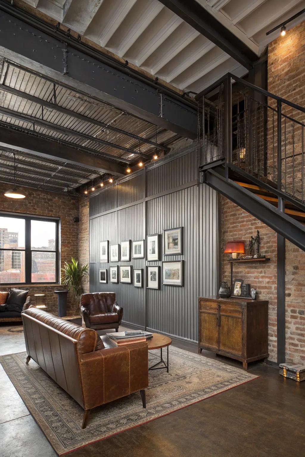 An urban loft showcasing chic industrial metal wainscoting.