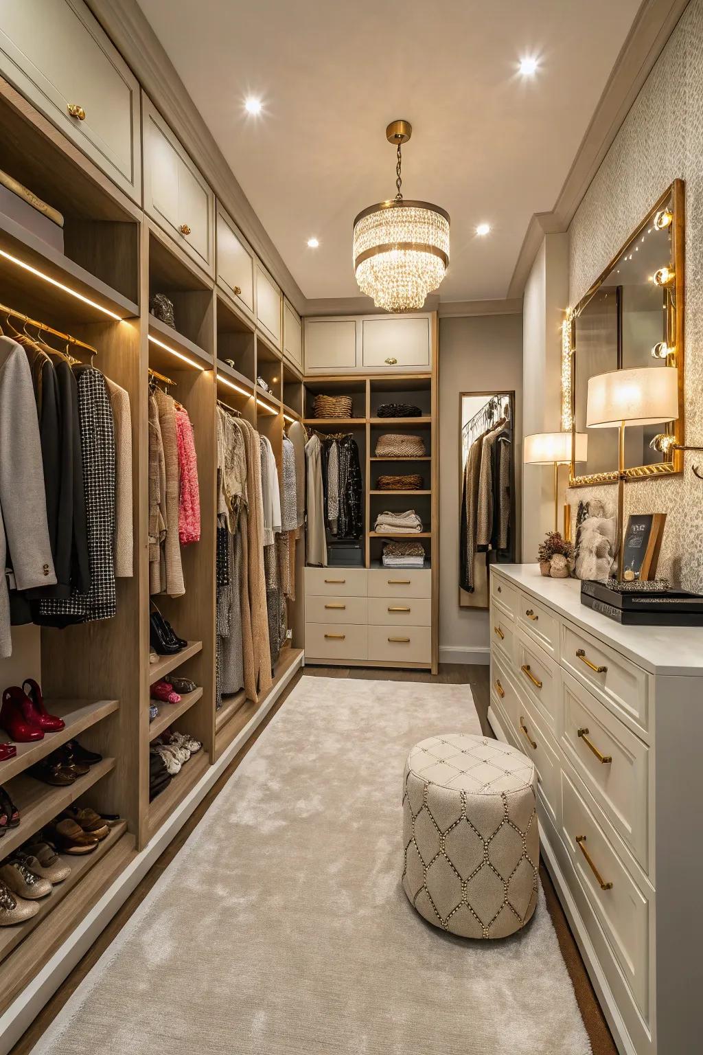 A boutique-style walk-in closet featuring chic decor and lighting.