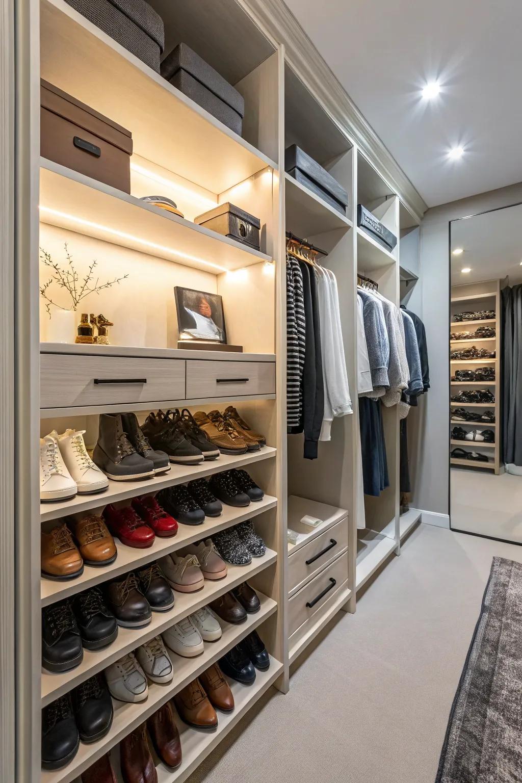 Tilted shoe racks display footwear gracefully.