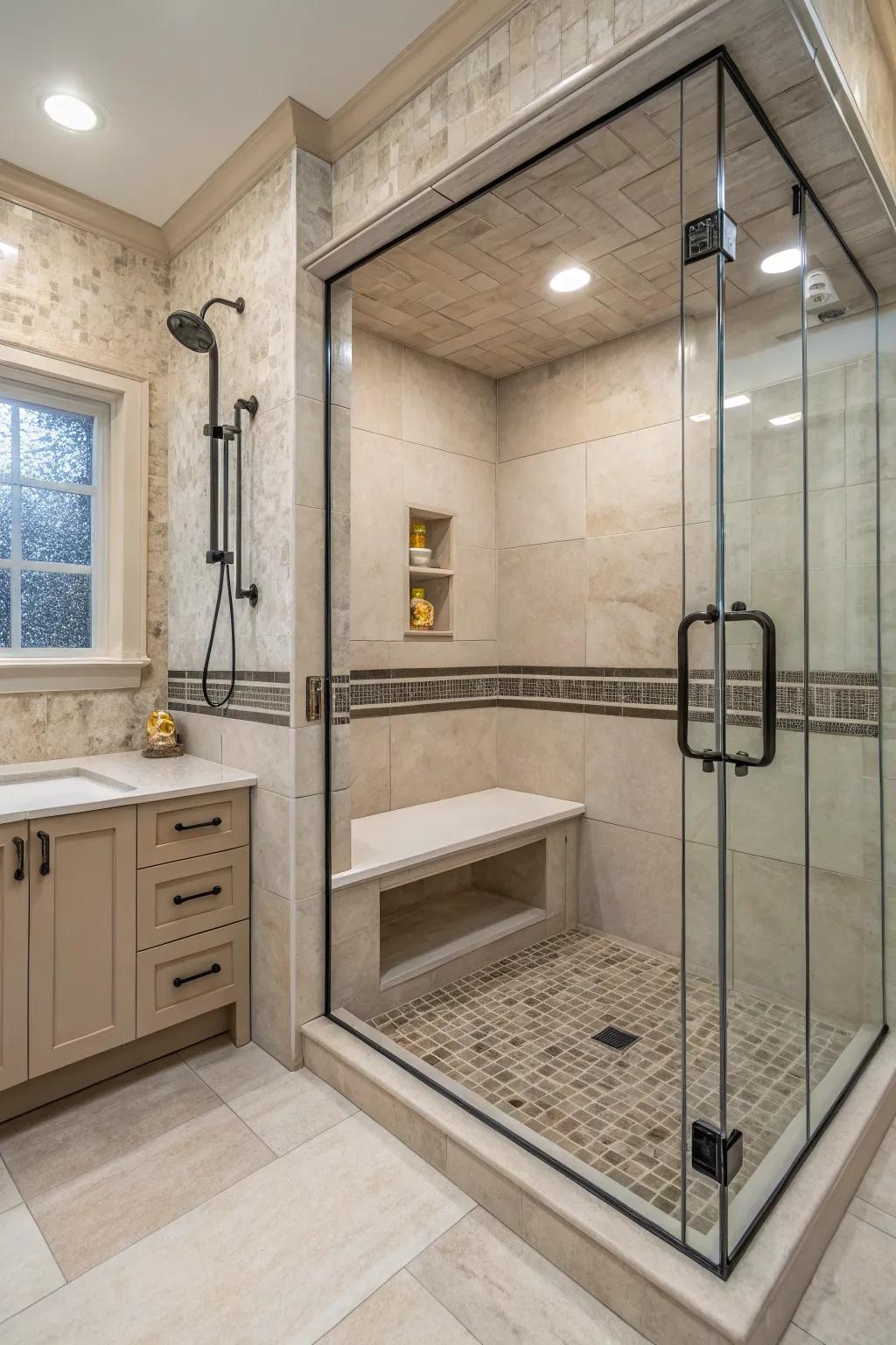 A bench with multiple heights offers adaptable seating options in the shower.