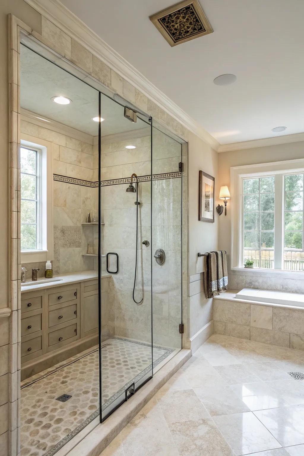 Neutral shades craft a peaceful and timeless mood in this walk-in shower.