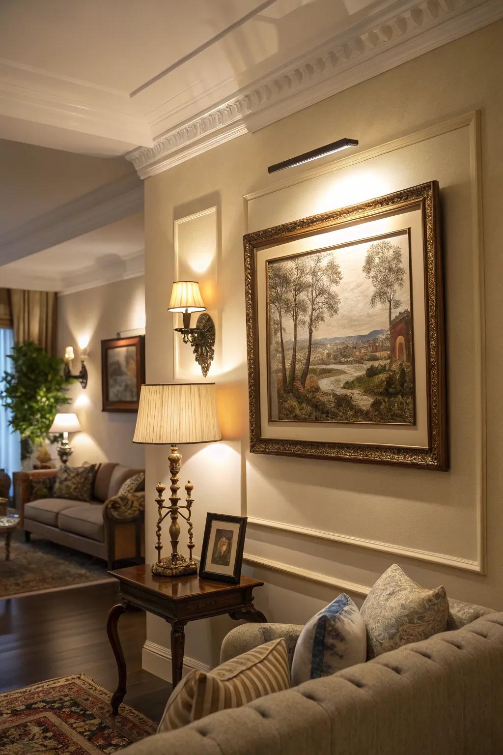 A living room where a picture light highlights the beauty of the wall art.