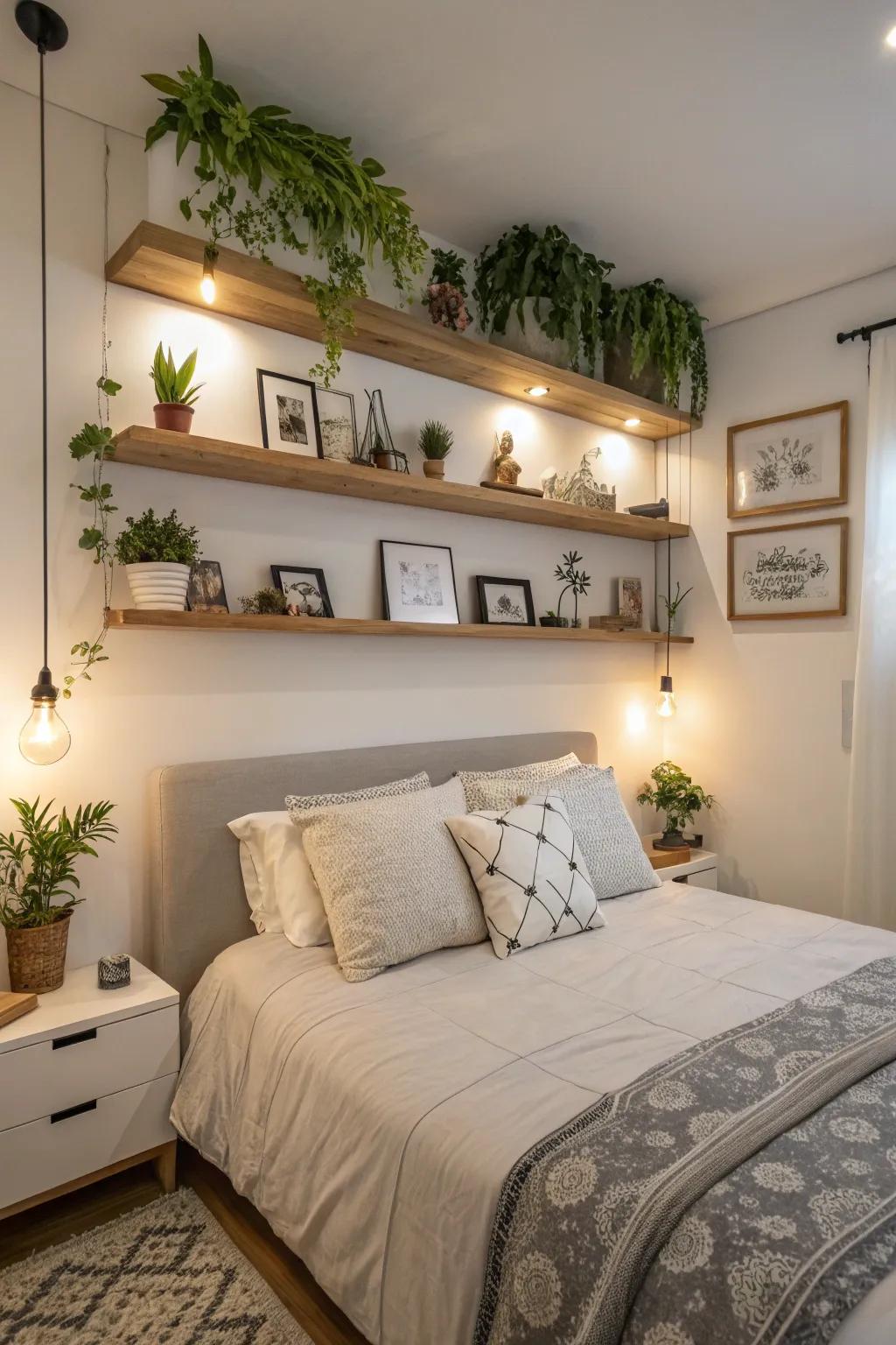 Floating shelves allow for creative decor displays.