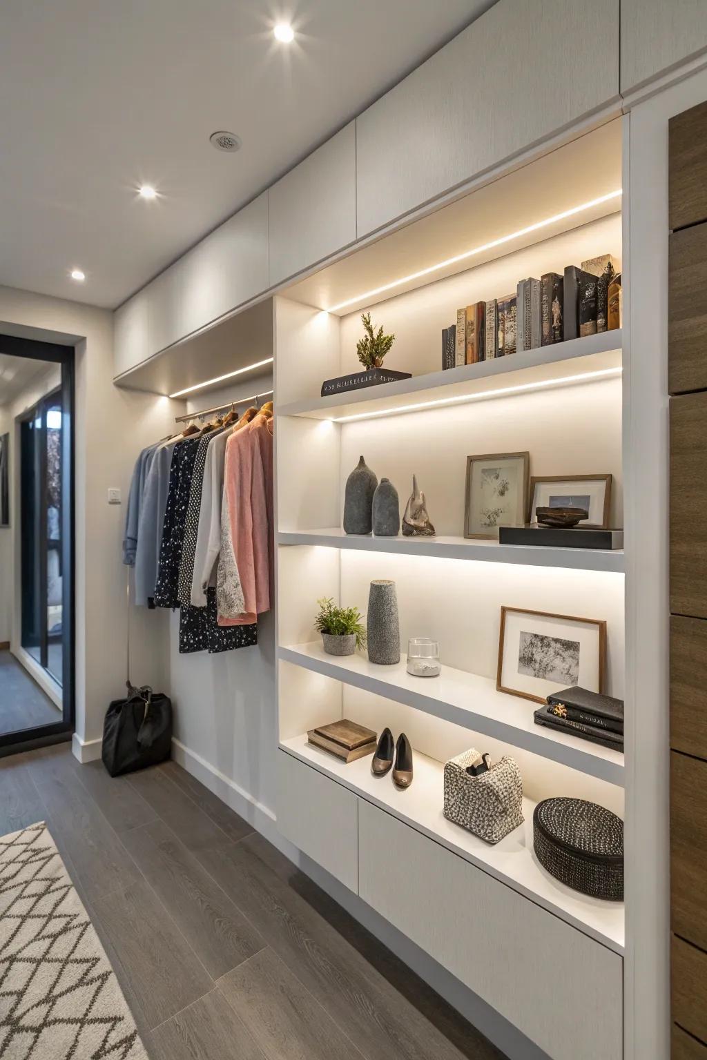 Floating shelves add a modern twist to wall closets.