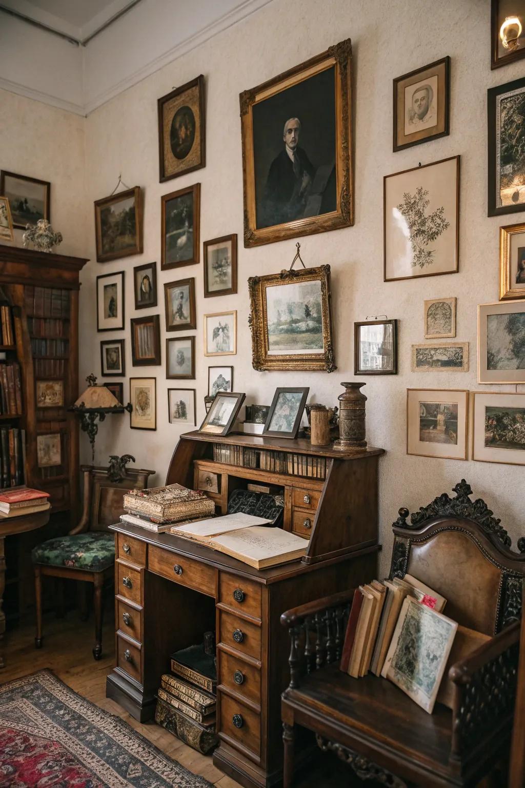 Past era charm with a nostalgic wall collage.