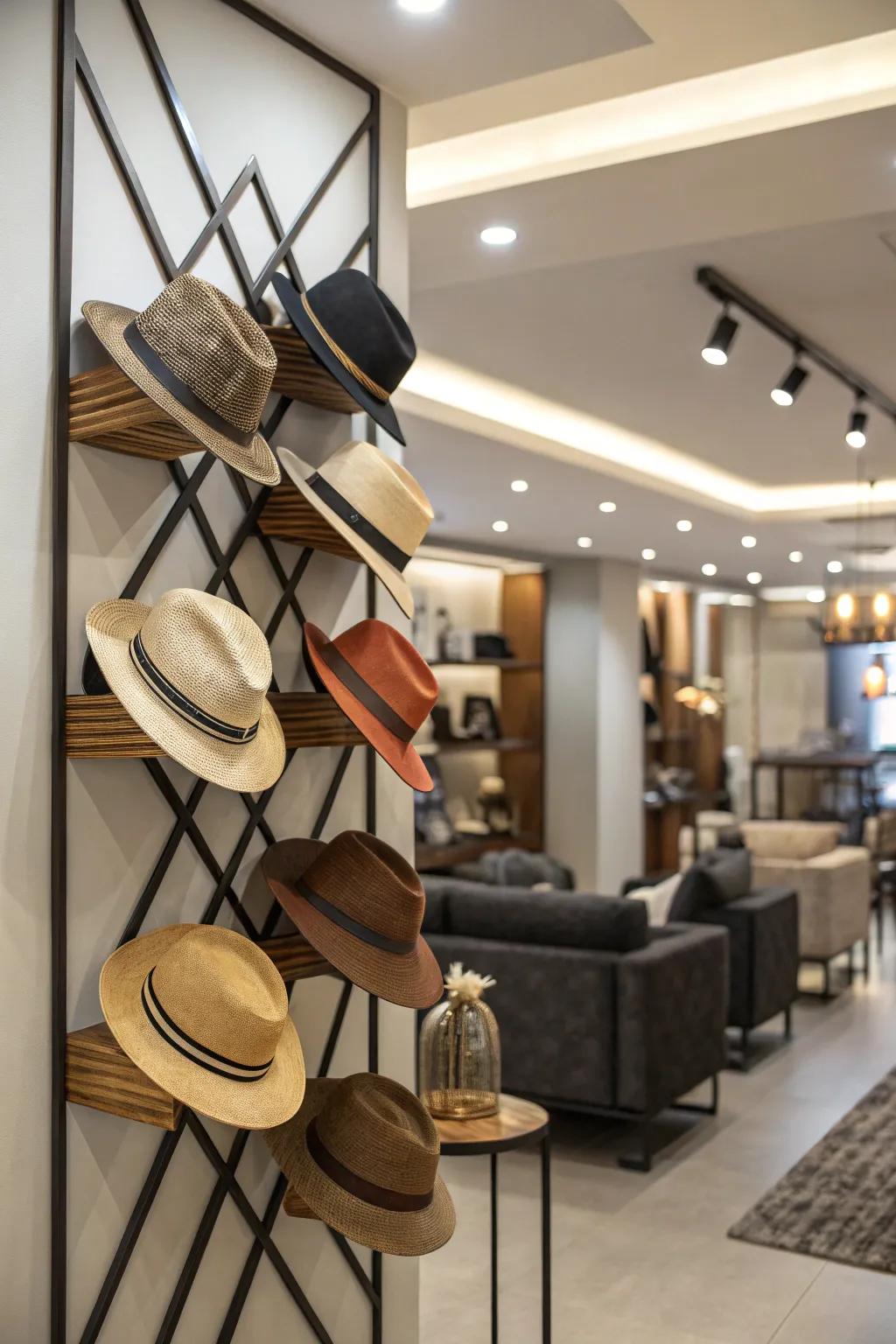 A decorative serpentine wall bar for headwear.