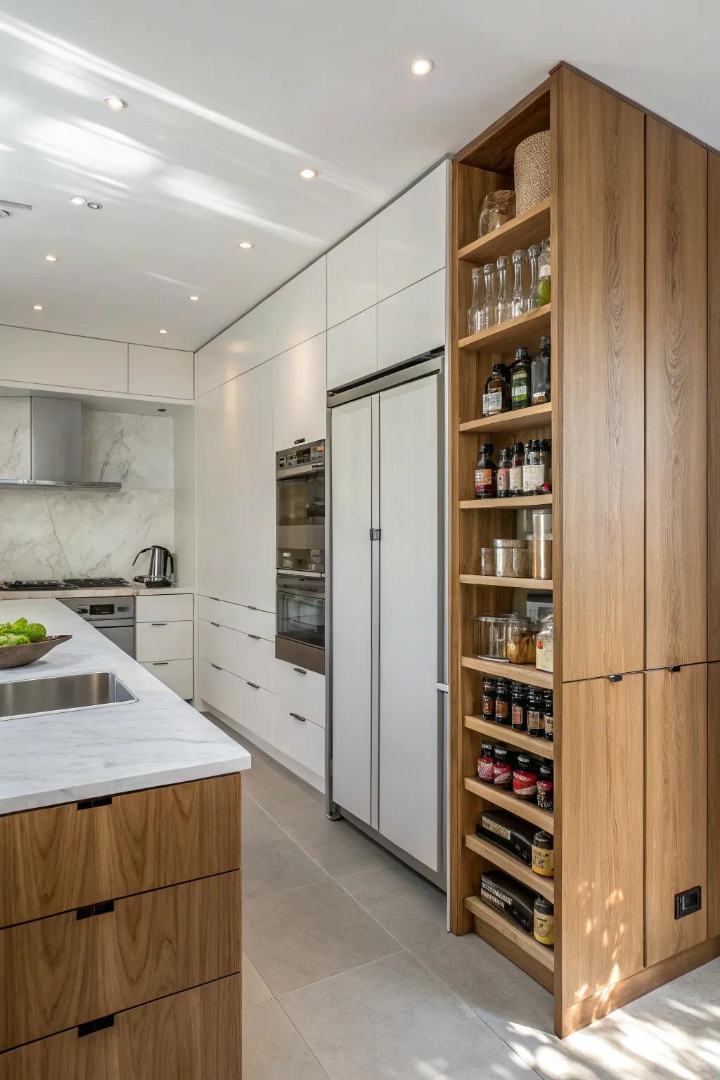 Concealed pantry cabinets blending seamlessly with kitchen build.