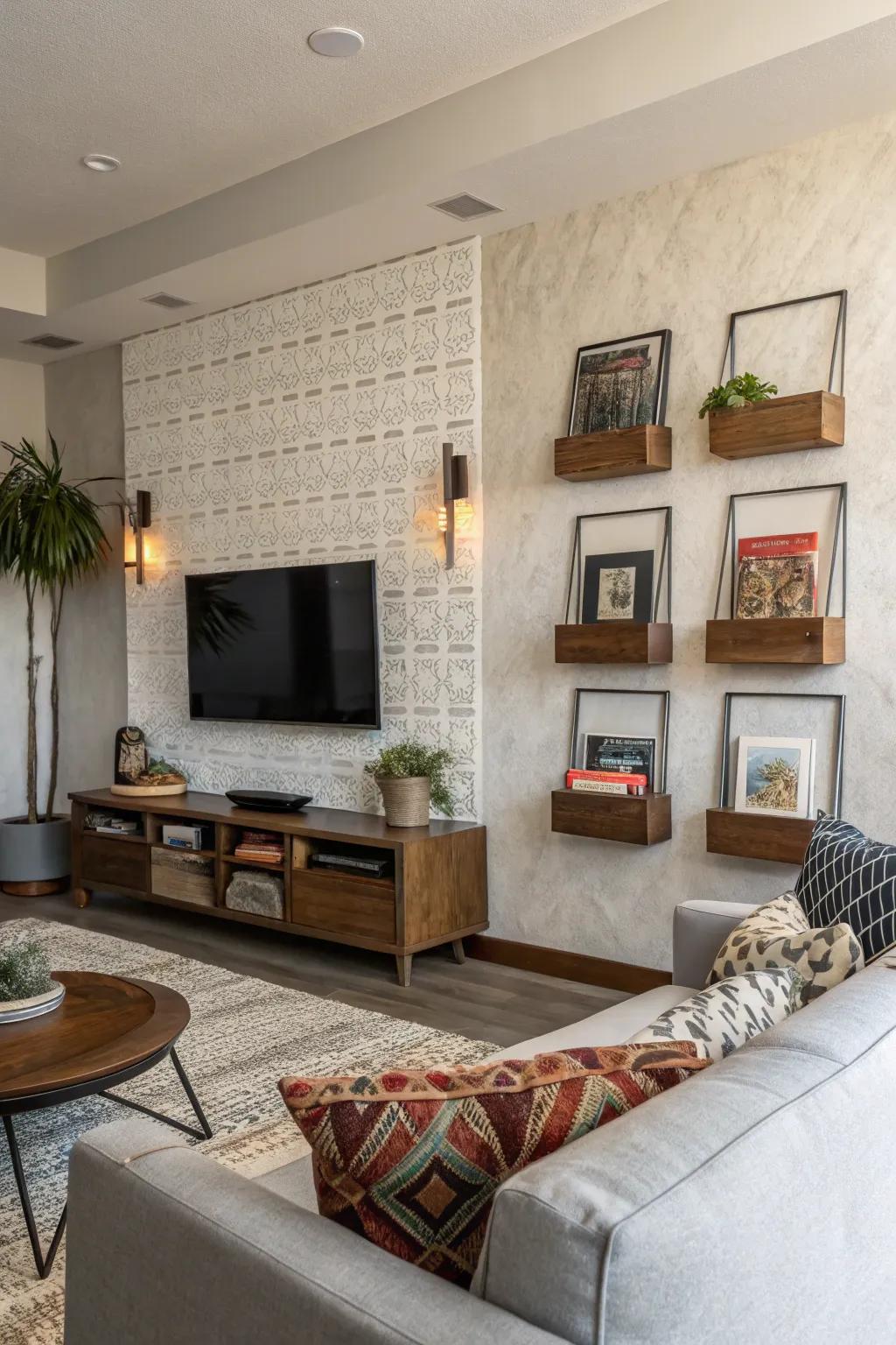 Embossed wall nooks impart an overlay of magnitude and intrigue.