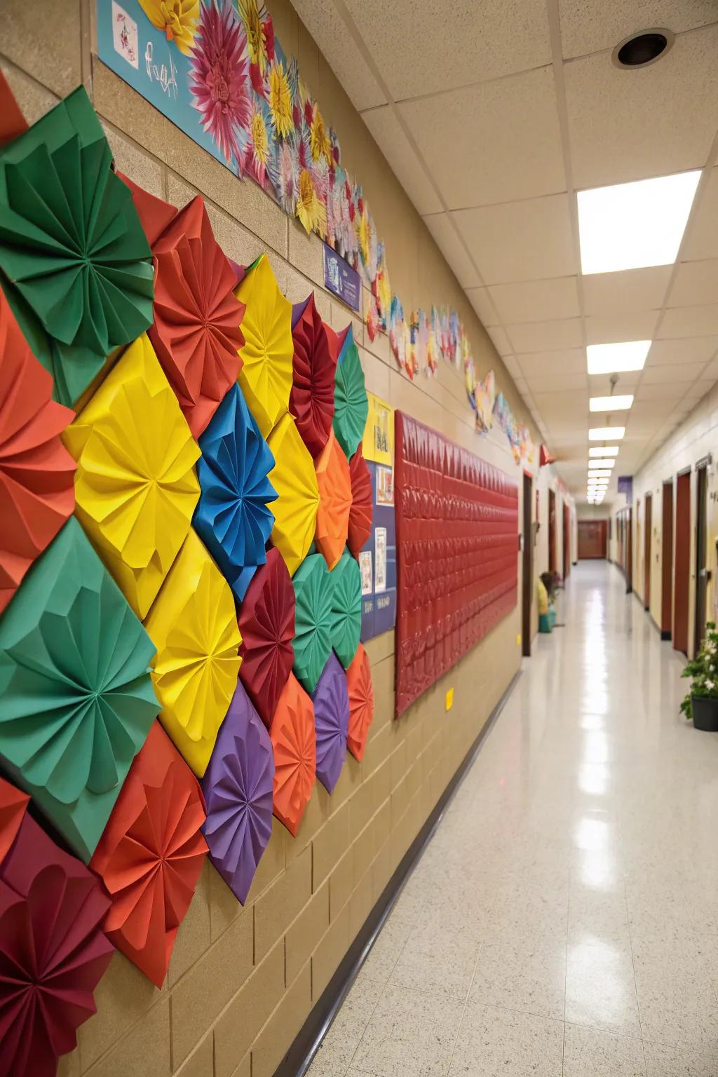 Three-dimensional decorative elements on a school wall