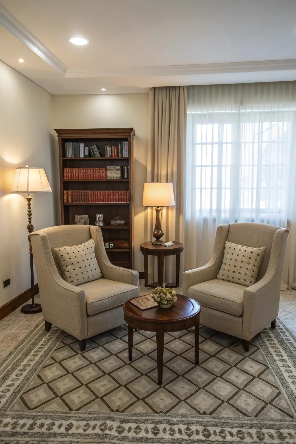 A living room gains balance and harmony from symmetry.