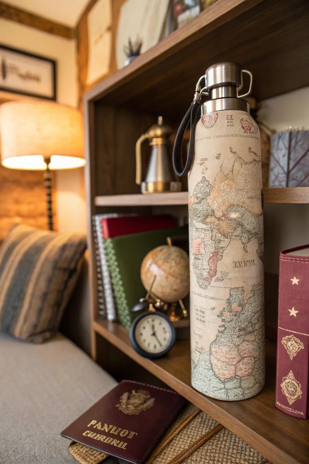 A hydration container sheathed in classic atlas paper for a travel atmosphere.